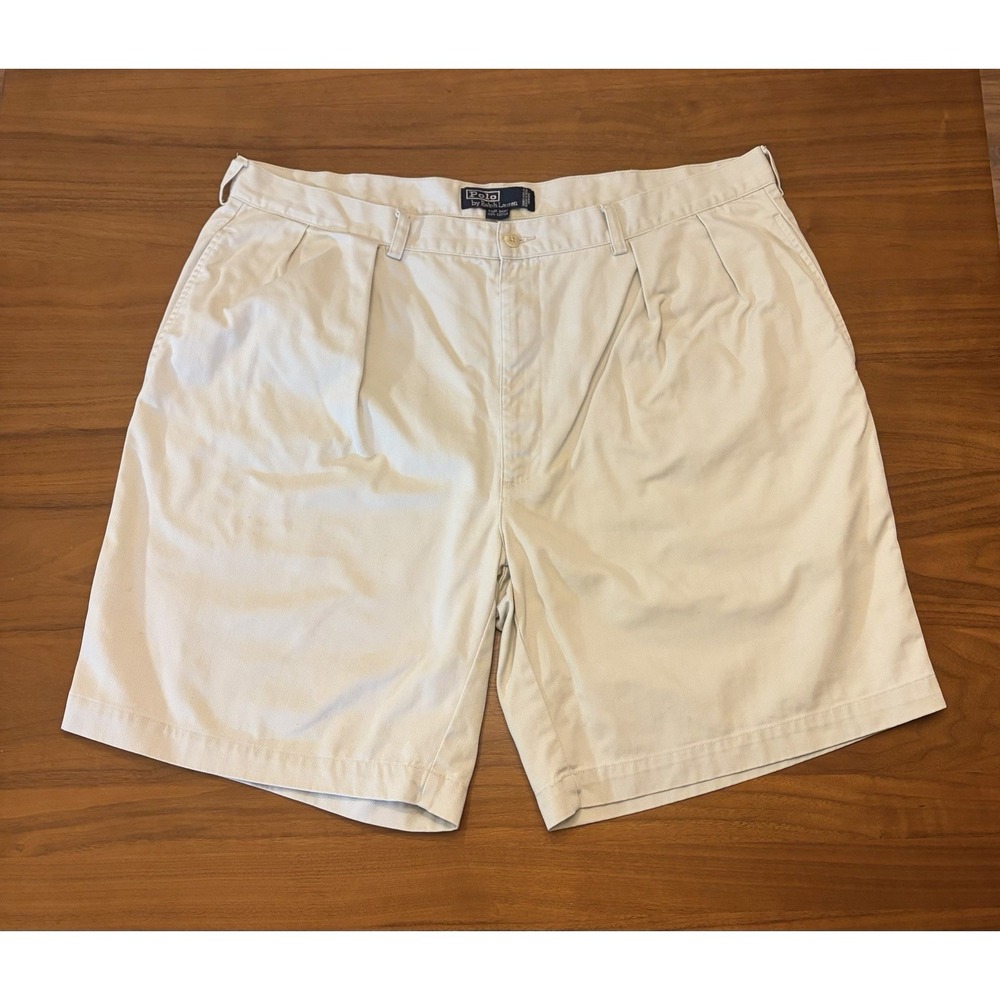 VTG Polo Ralph Lauren Tyler Chino Shorts Mens 42 (Fits 41) Pleated Beige 9" 90s